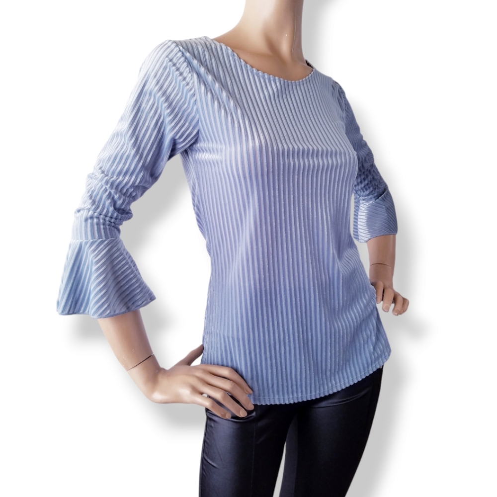 Light Blue Ribbed Velvet Retro Blouse With Bell Sleeves by Fuego Too